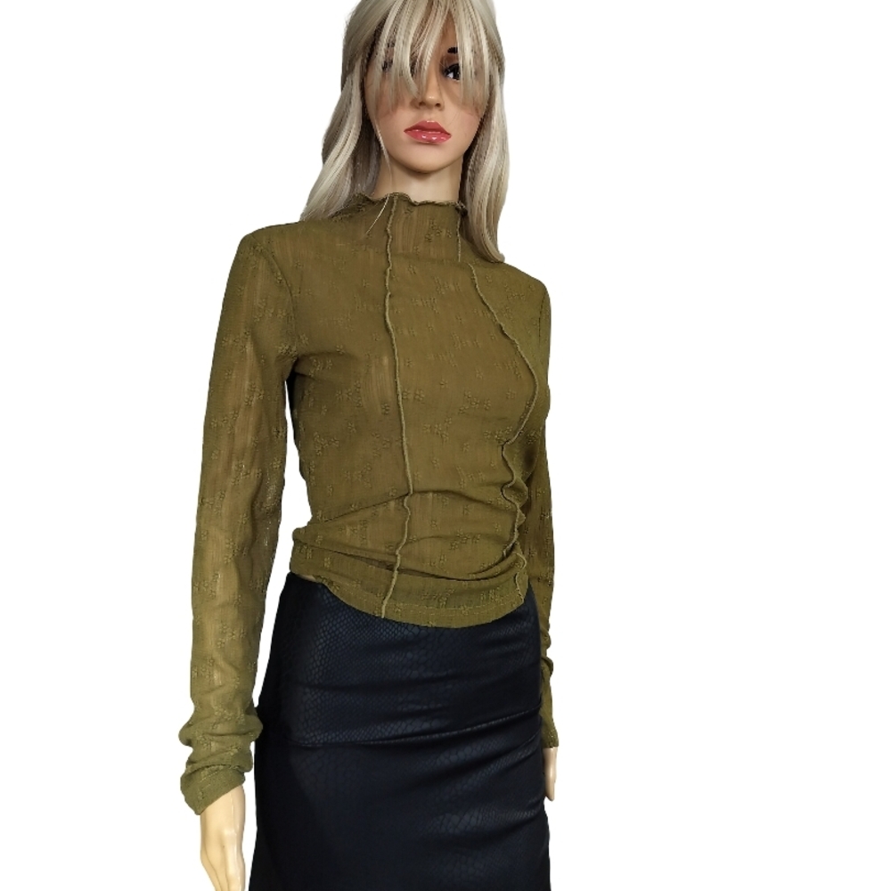 Astr Olive Long Sleeve Mock Neck Sheer Blouse Size XS NWT - Picture 2 of 7